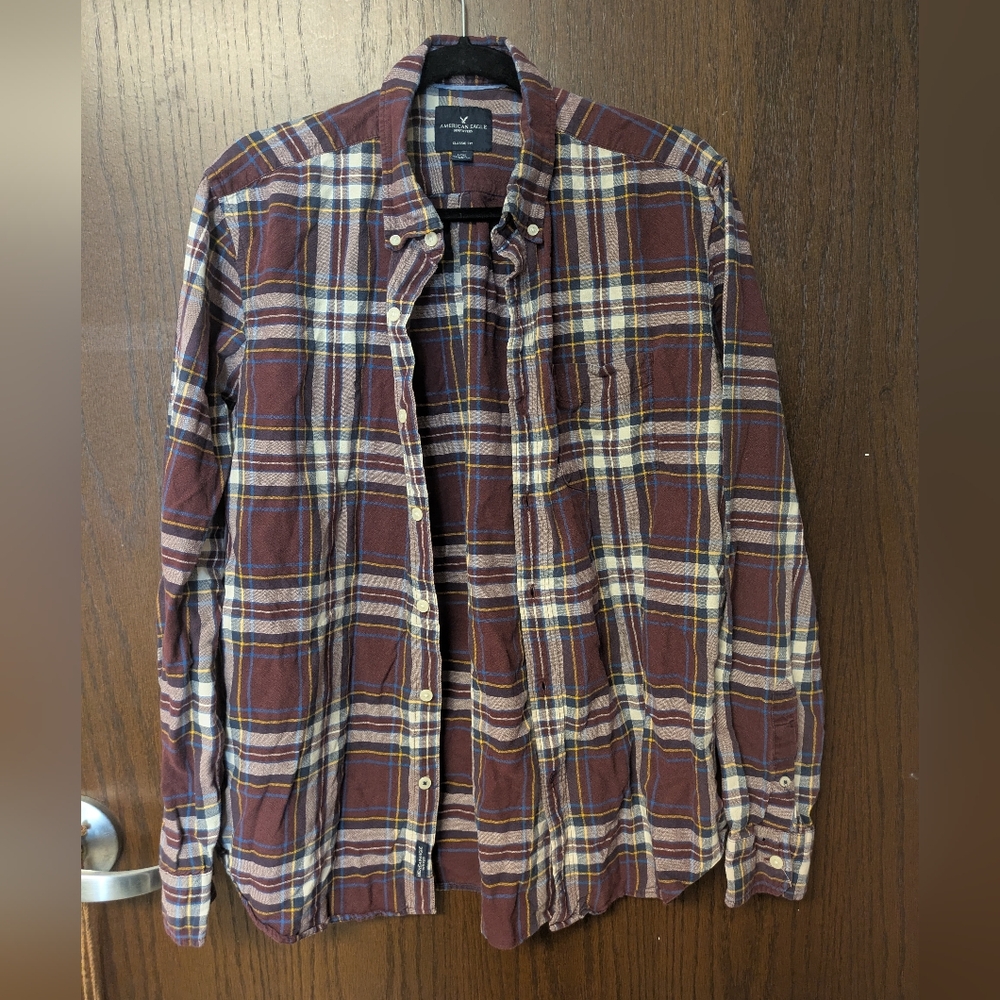 American Eagle Size L Flannel 100% Cotton Plaid Button Down Shirt Men's